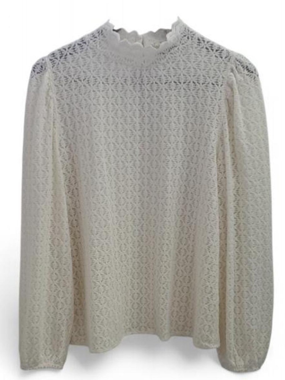 LOFT soft cream lace mock neck long sleeve blouse, geometric lace pattern. NWT L